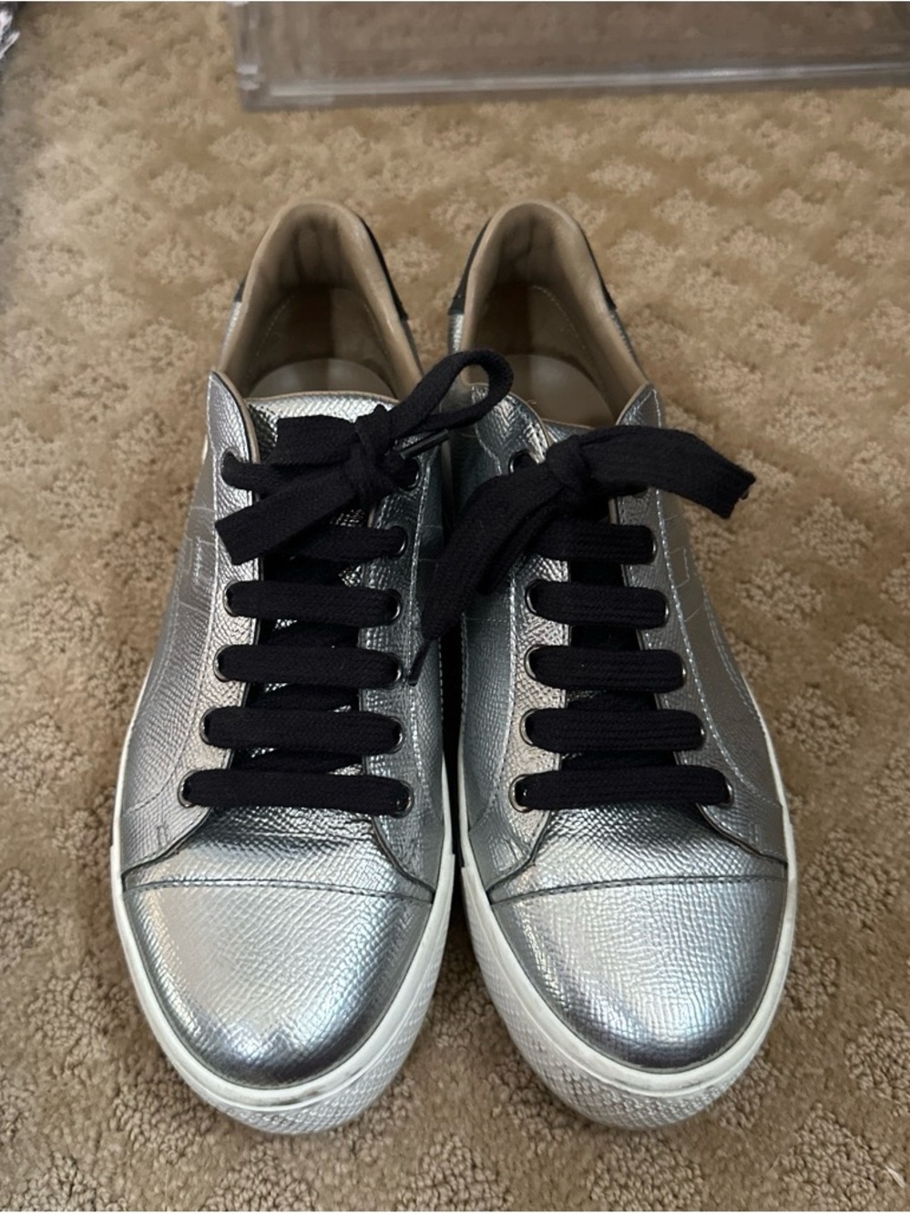 Hermès Quicker Metallic Silver Leather Sneakers Size 36